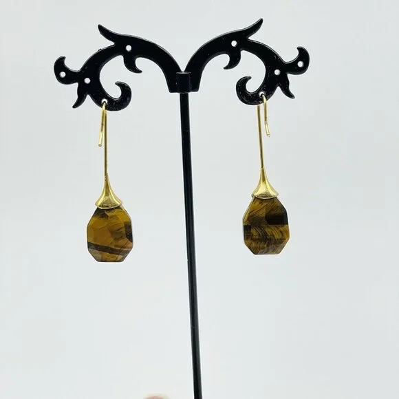 Simulated Tigers Eye Earrings Gold Tone Faceted Boho Festival Party Hippie - Picture 8 of 8